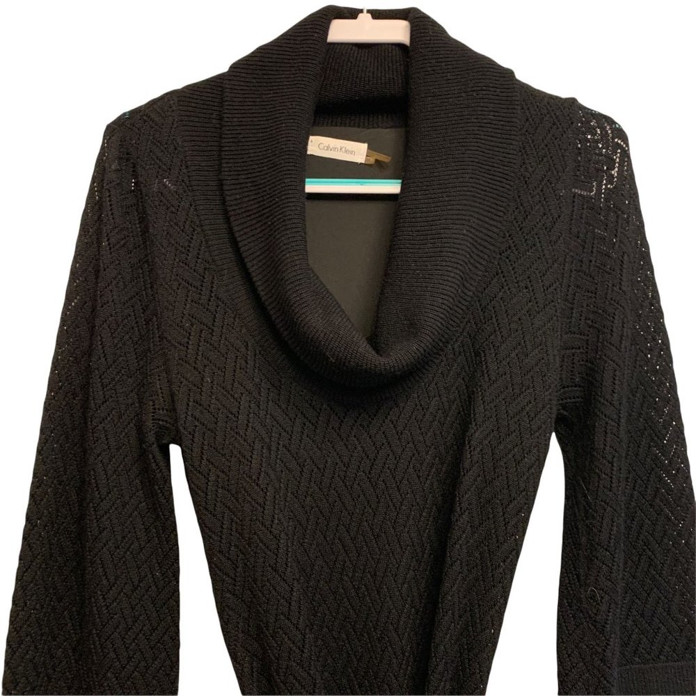 Calvin Klein Black Wool Cowl Neck Pointelle Sweater Dress Medium - Picture 6 of 12